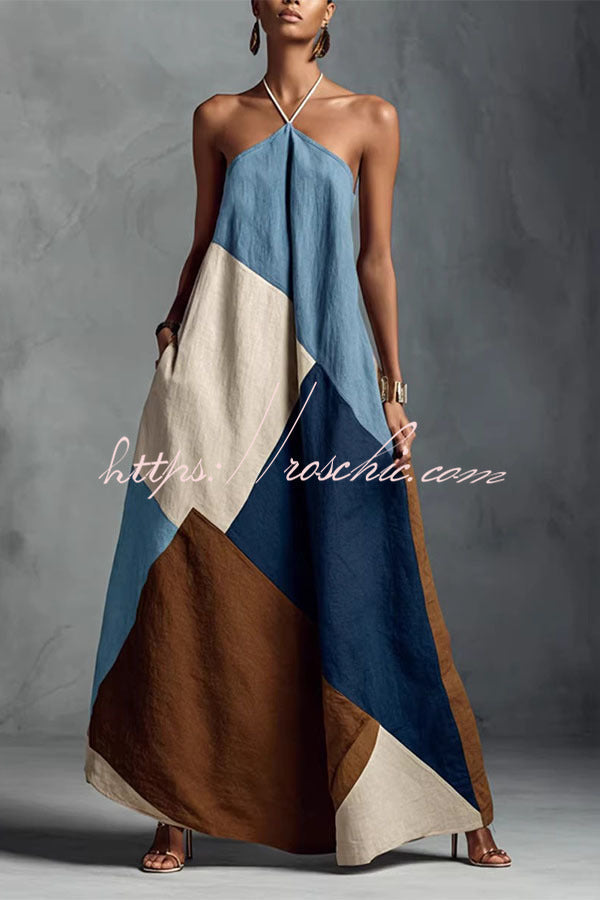 Tuscan Sun Geometric Patchwork Halter Dress