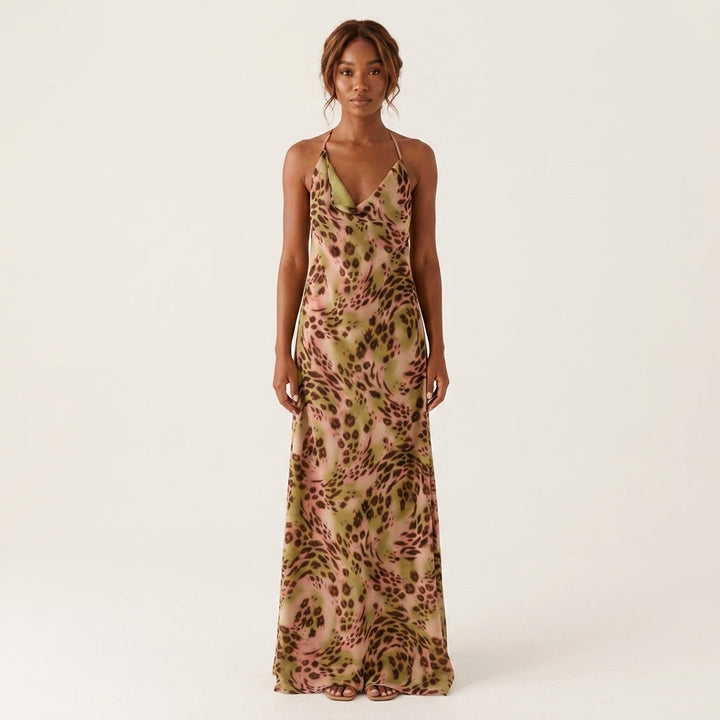 Animal Print Halter Maxi Dress Evening Occasion Outfit