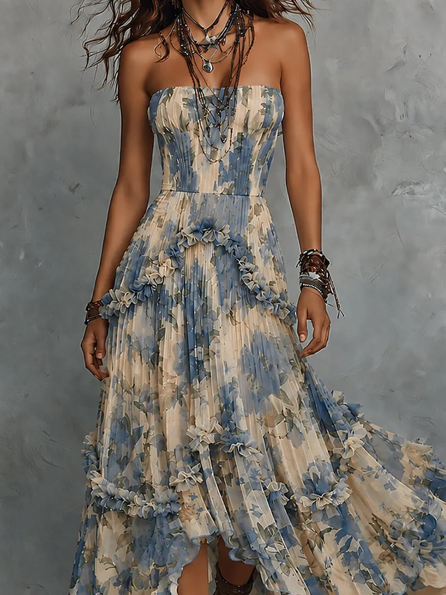 Melanie | Elegant strapless printed chiffon maxi dress with ruffles