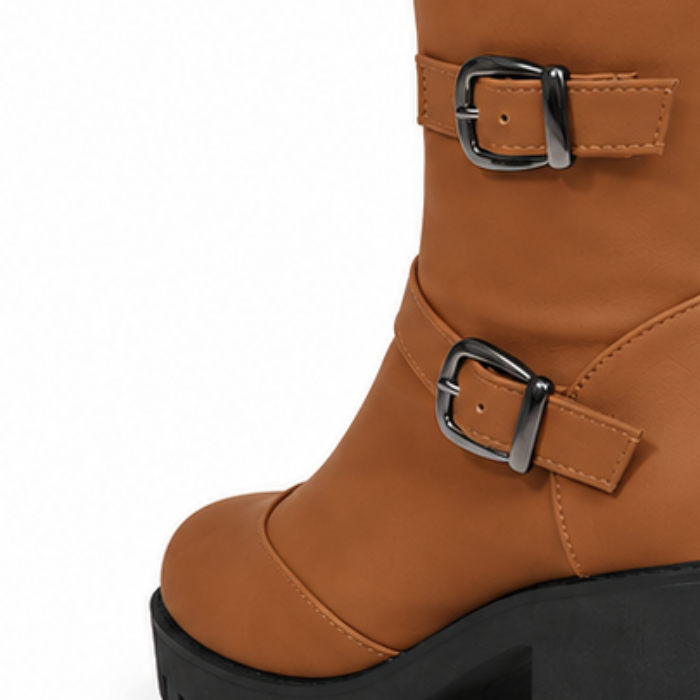 Buckle & Bloom Double-Buckle Chunky-Heel Ankle Boots - Elena Harper