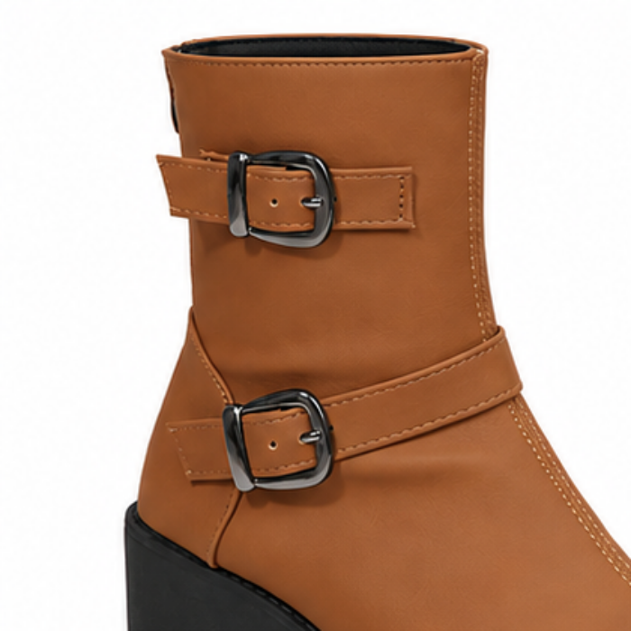 Buckle & Bloom Double-Buckle Chunky-Heel Ankle Boots - Elena Harper