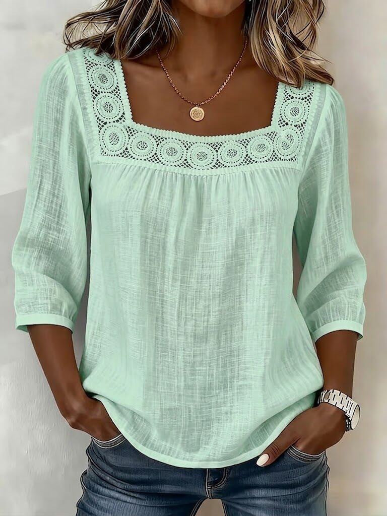 Women's Cotton and Linen Blouse with Square Neckline and Refined Lace
