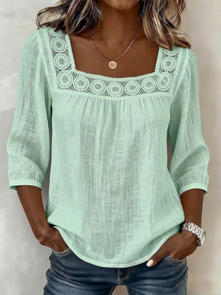 Women's Cotton and Linen Blouse with Square Neckline and Refined Lace