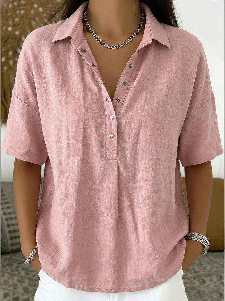 Women's Short Sleeve Buttoned Collar Blouse Casual Style