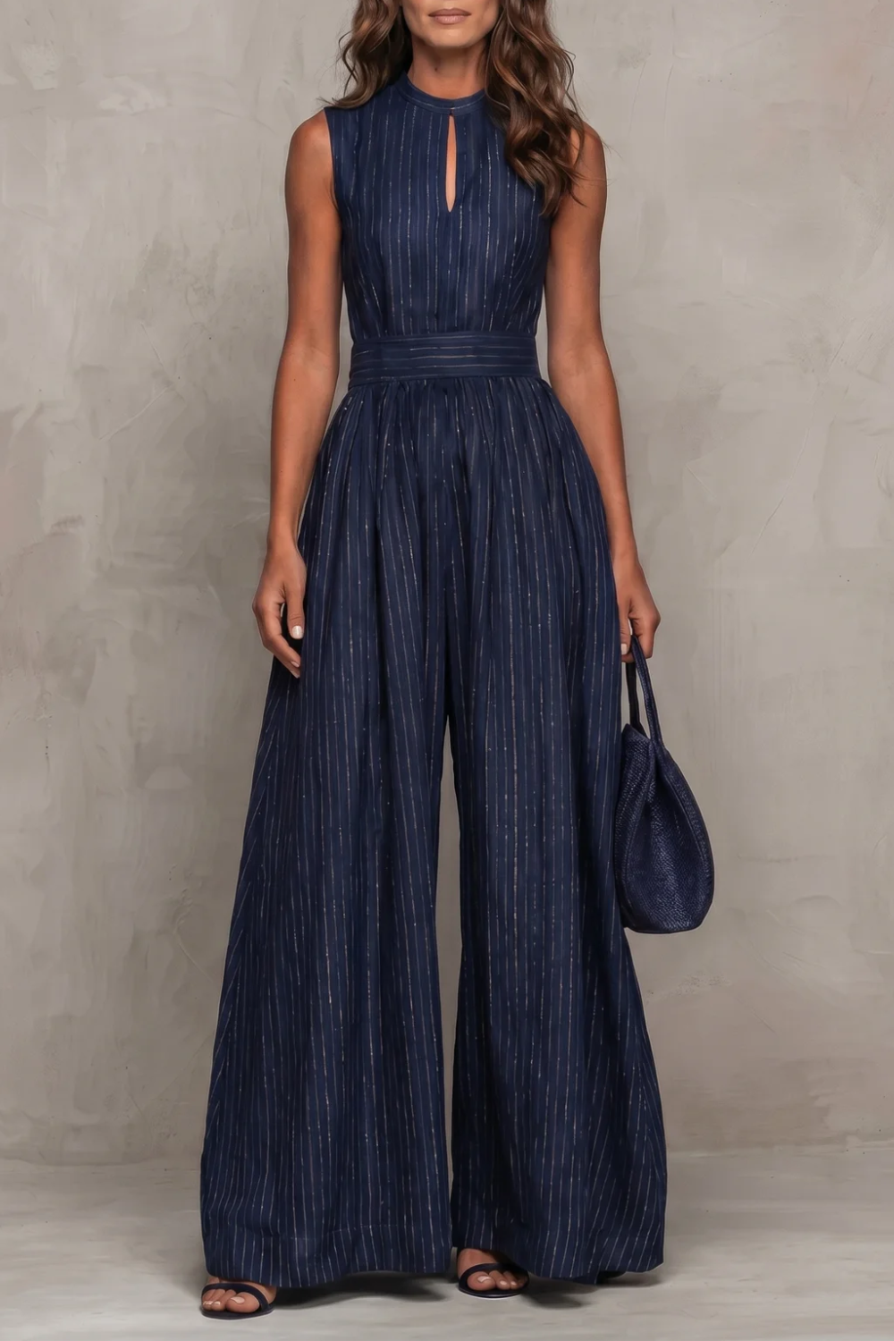 Women's Striped Wide Leg Jumpsuit with Keyhole Neckline Ambrielle - Elena Harper