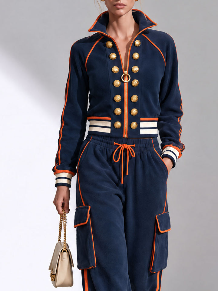 Sporty Retro Double-breasted Decorative Button-down Blue Jacket And Trousers Set