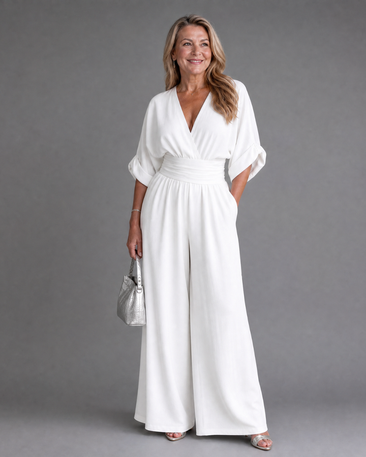 Emene Draped V Neck Wide Leg Relaxed Jumpsuit - Elena Harper