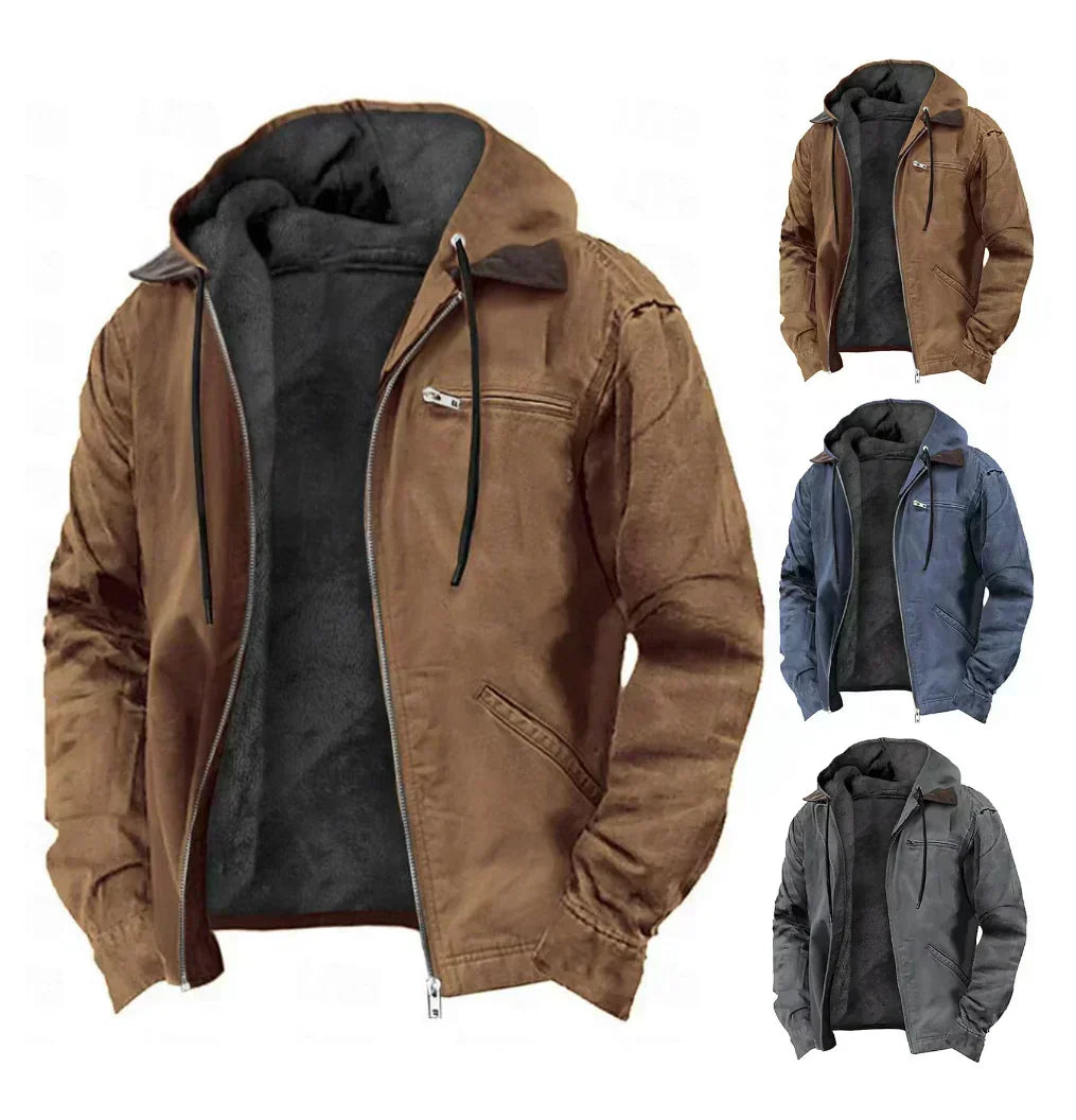 Men's Zip-Up Hooded Jacket with Warm Lining