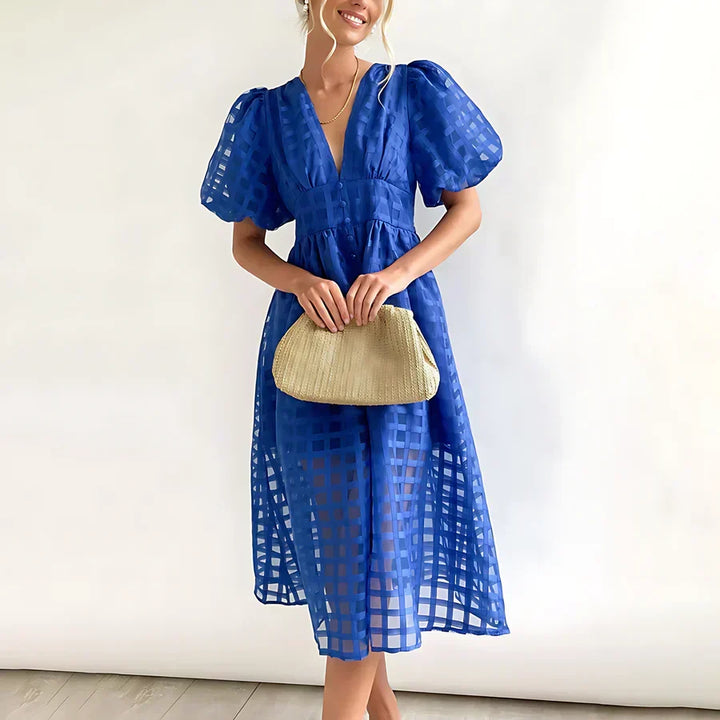 Caelis Midi Dress with Puff Sleeves in Classic Pattern, view 6 - Elena Harper