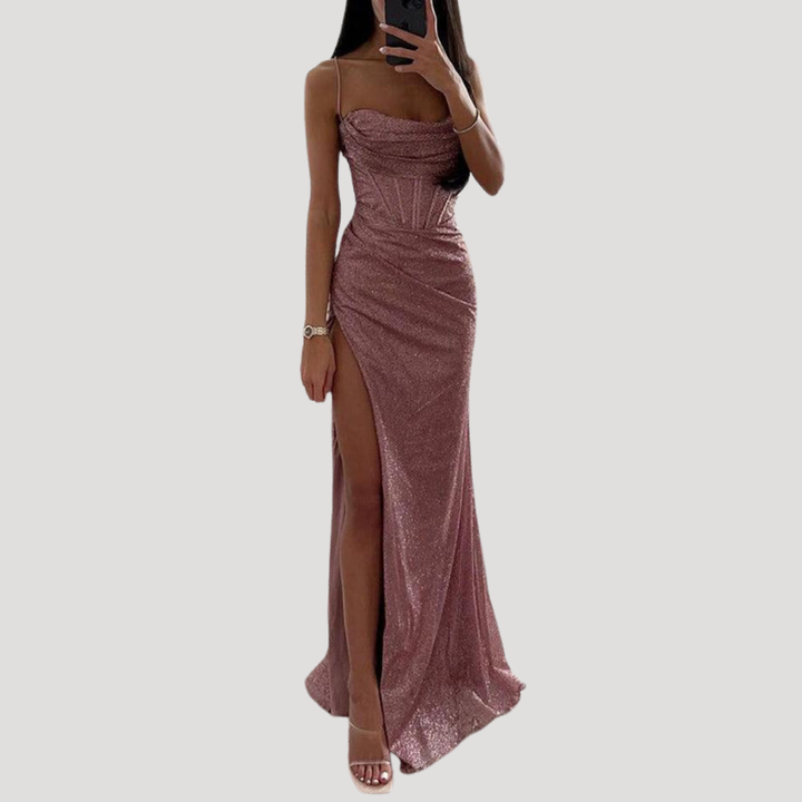 Elegant Long Evening Dress with Slit and Thin Straps