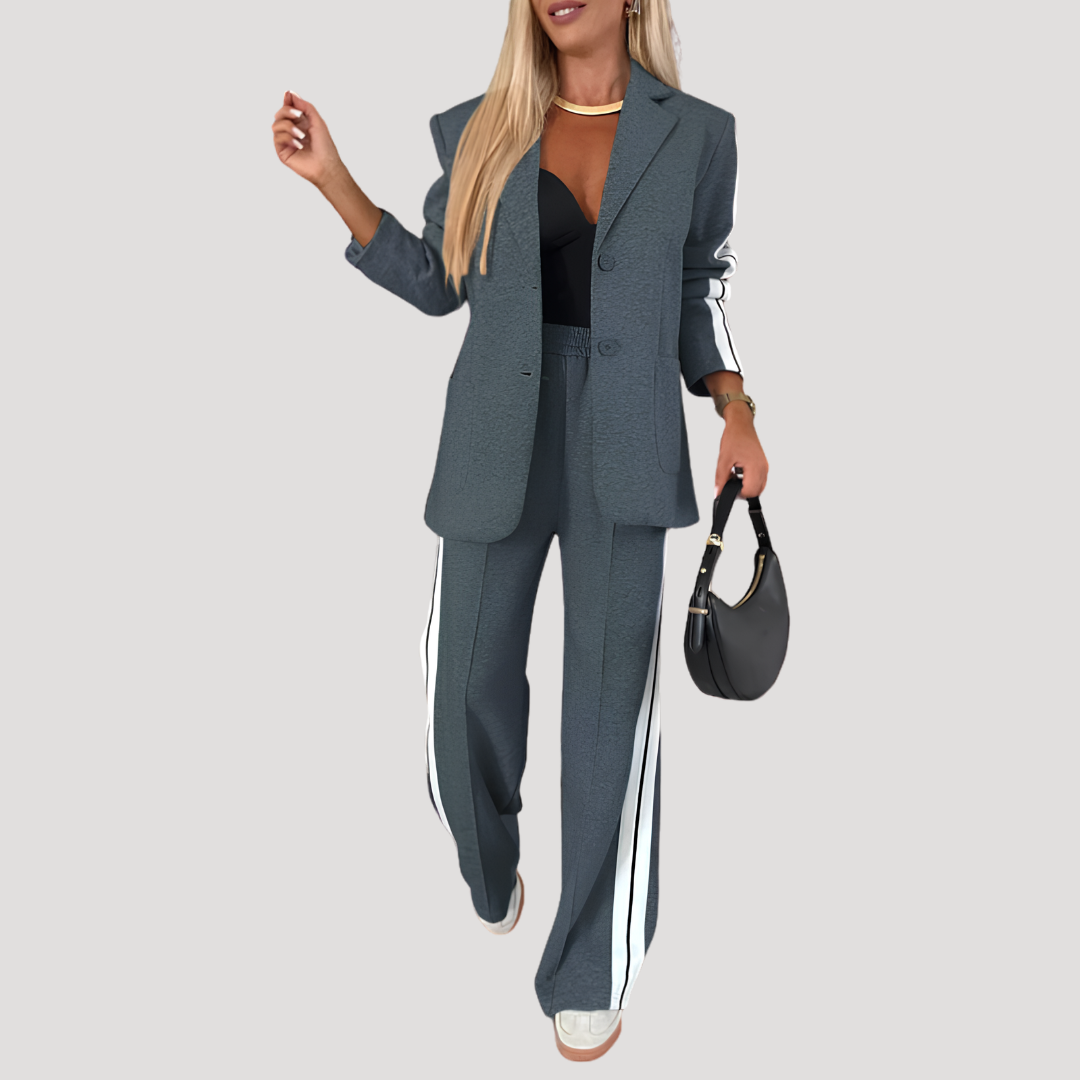 Women's Blazer Set with Striped Wide Pants