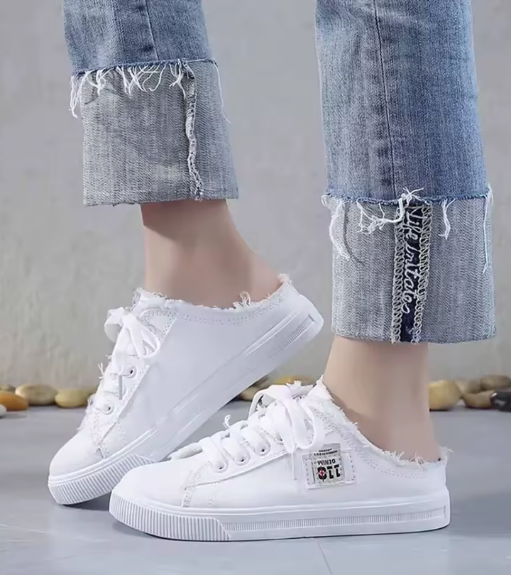 Lily | The New Frayed Denim Fabric Slip-On Sneakers