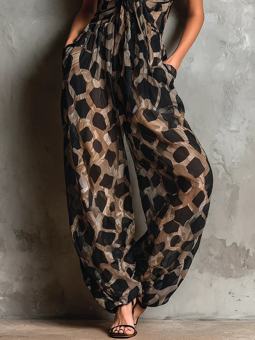 Women's animal print jumpsuit with thin straps and wide legs
