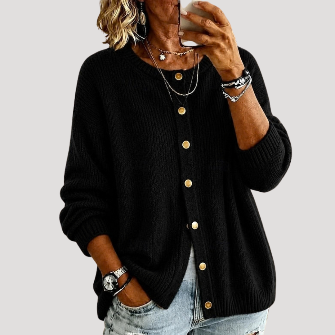 Women's Round Neck Cardigan with Front Buttons