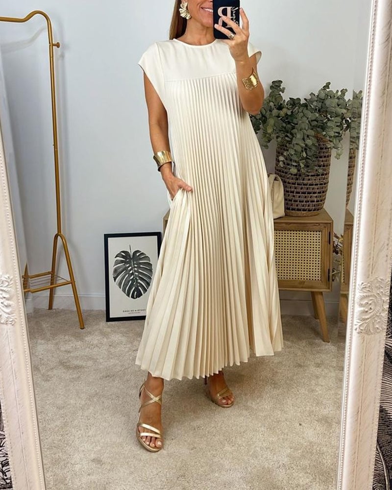 Women's Long Flowing Sleeveless Round Neck Dress with Pockets – Casual