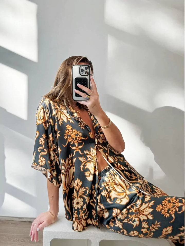Golden Mystery Lotus Pajama Set, view 2 - Elena Harper