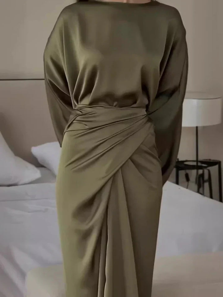 Patricia Satin Maxi Dress with Batwing Sleeves, view 2 - Elena Harper