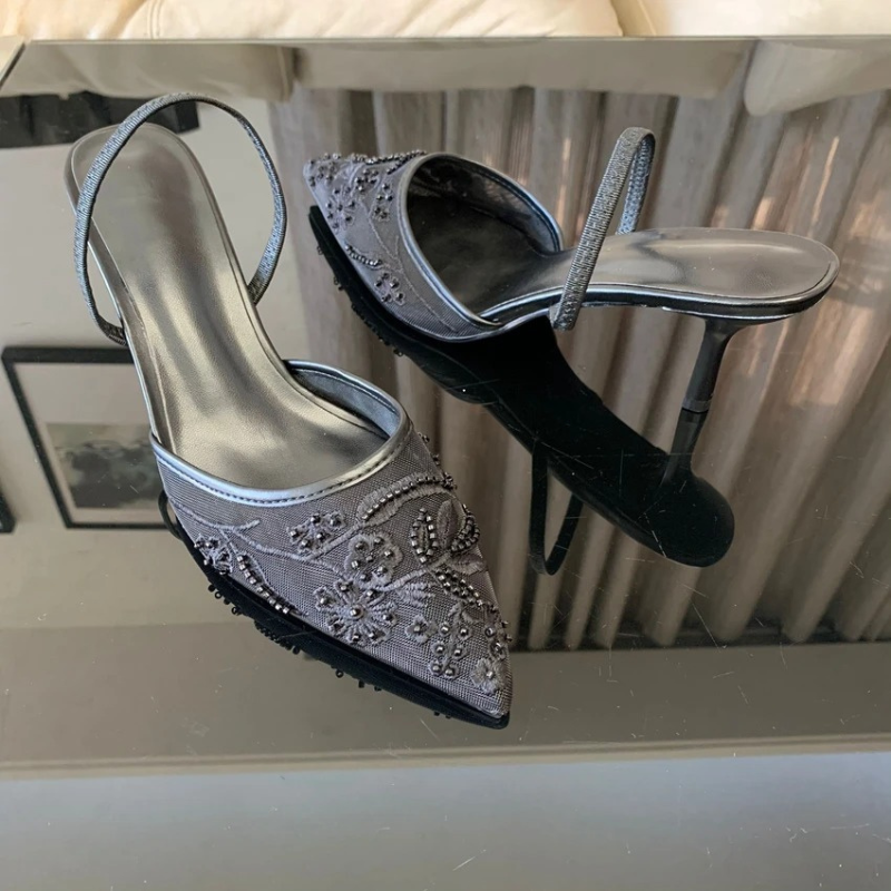 Embroidered Mesh Slingback Kitten Heels Pointed Toe