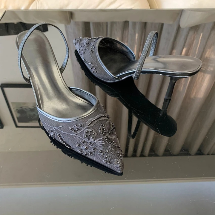 Embroidered Mesh Slingback Kitten Heels Pointed Toe