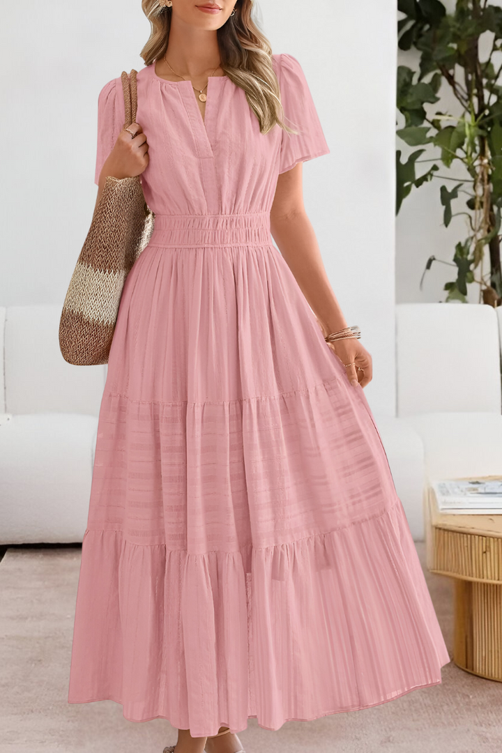 Women's Bohemian Smocked Midi Dress - Short Sleeve Comfort