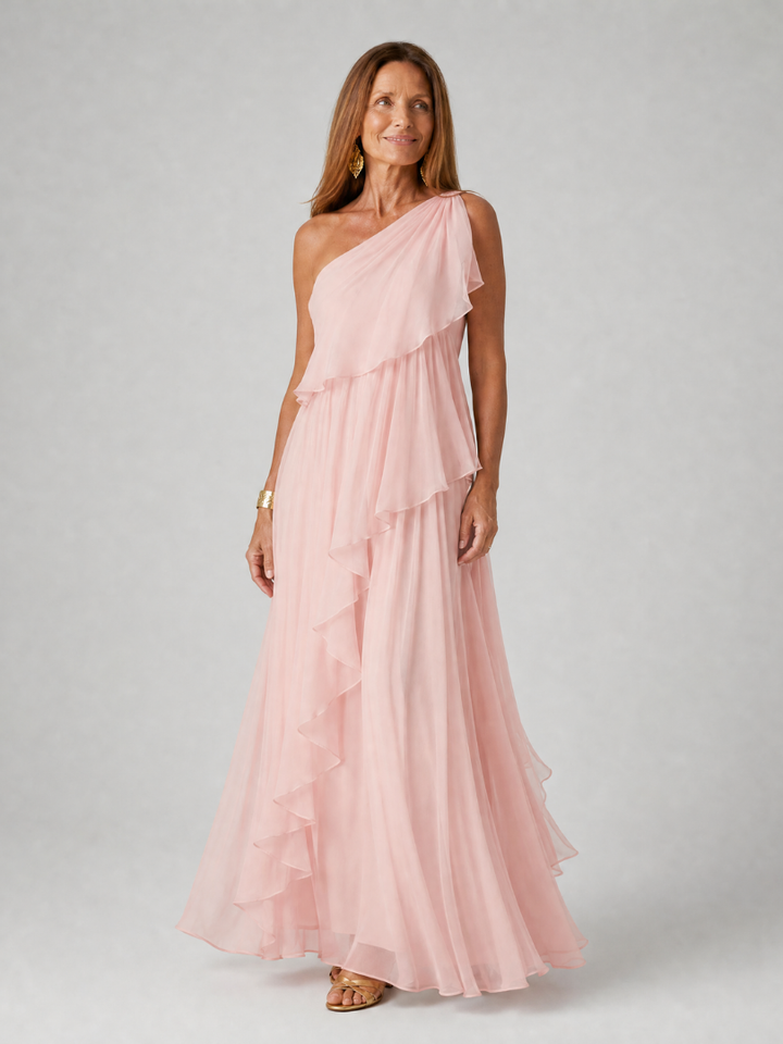 Asymmetrical Maxi Dress for Women with Ruffles in Chiffon, view 6 - Elena Harper
