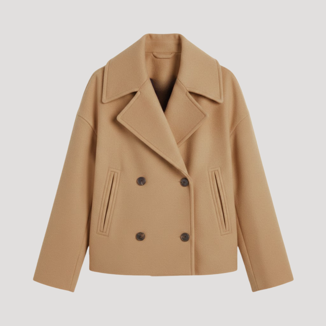 Women's Wool Double-Breasted Crossed Coat with Notched Collar