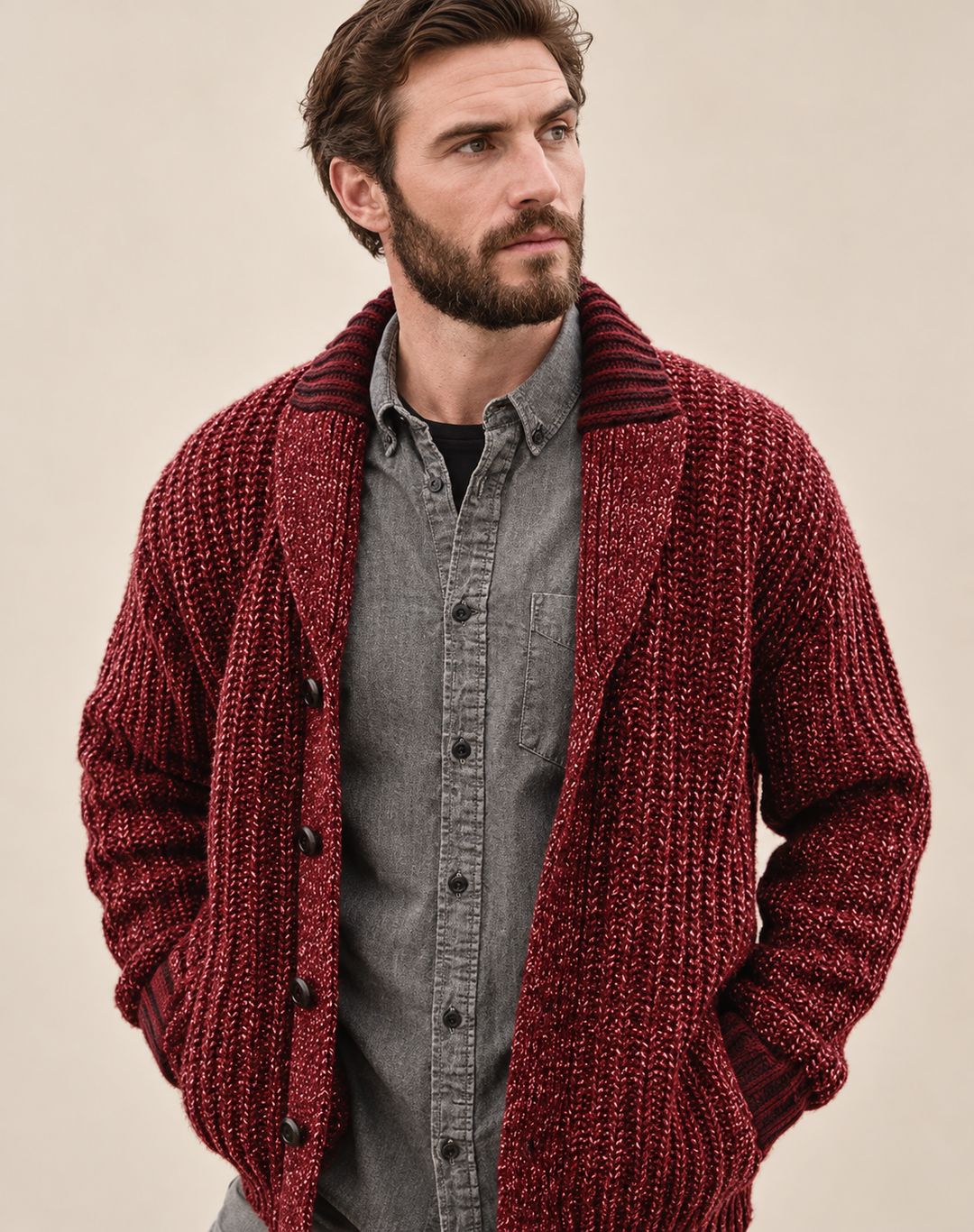 Men's Robust Knitted Cardigan with Shawl Collar and Buttons