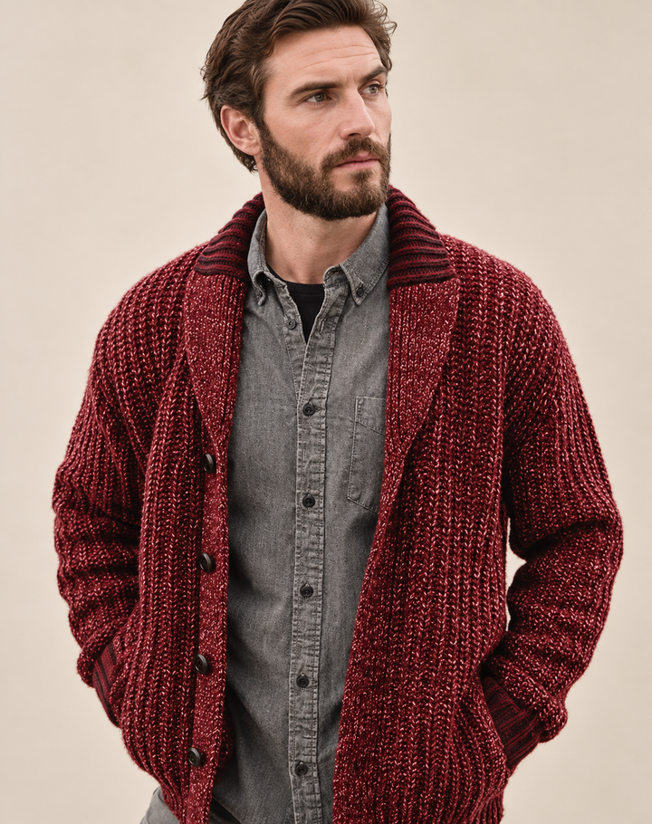 Men's Robust Knitted Cardigan with Shawl Collar and Buttons