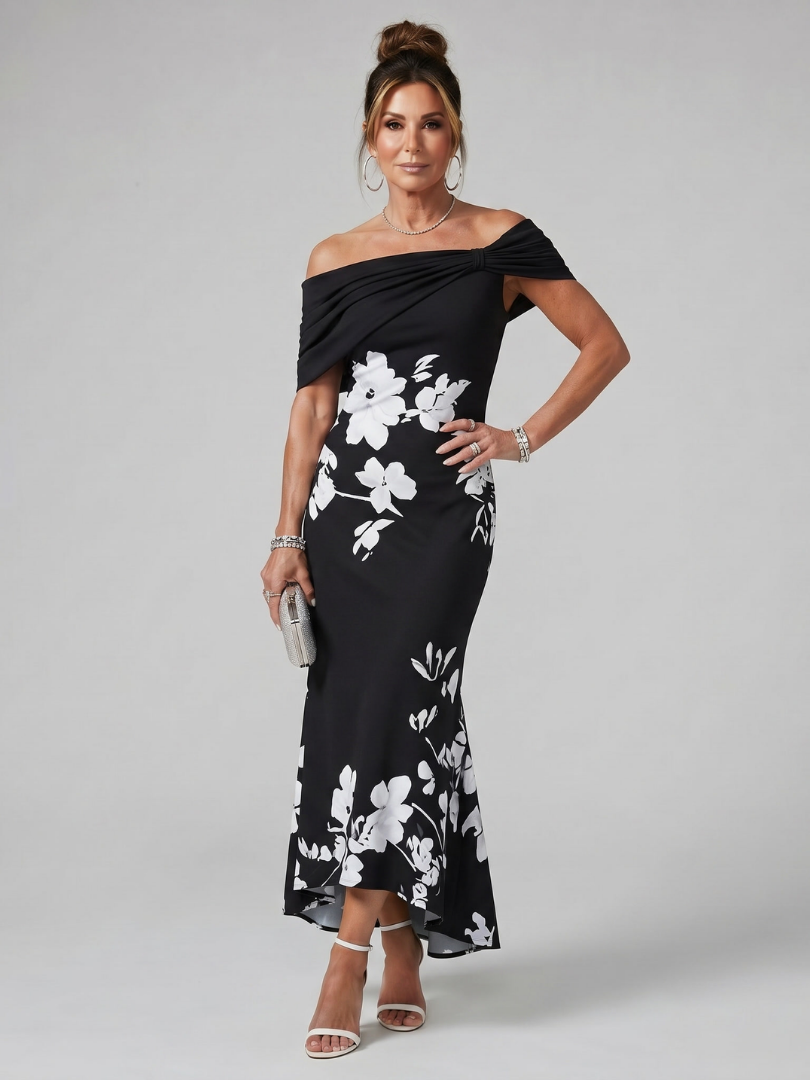 Women's Off Shoulder Draped Neckline Midi Dress, view 5 - Elena Harper