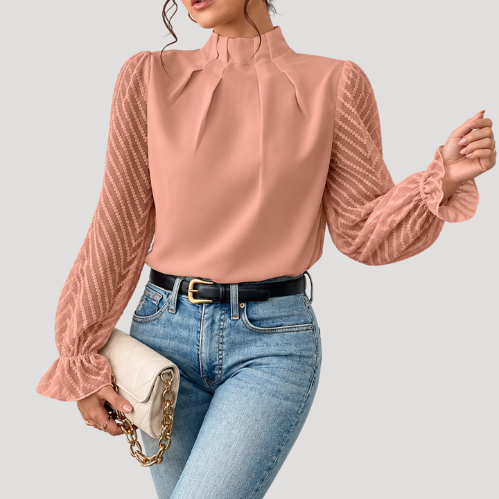 Women's Blouse with High Collar and Sheer Sleeves