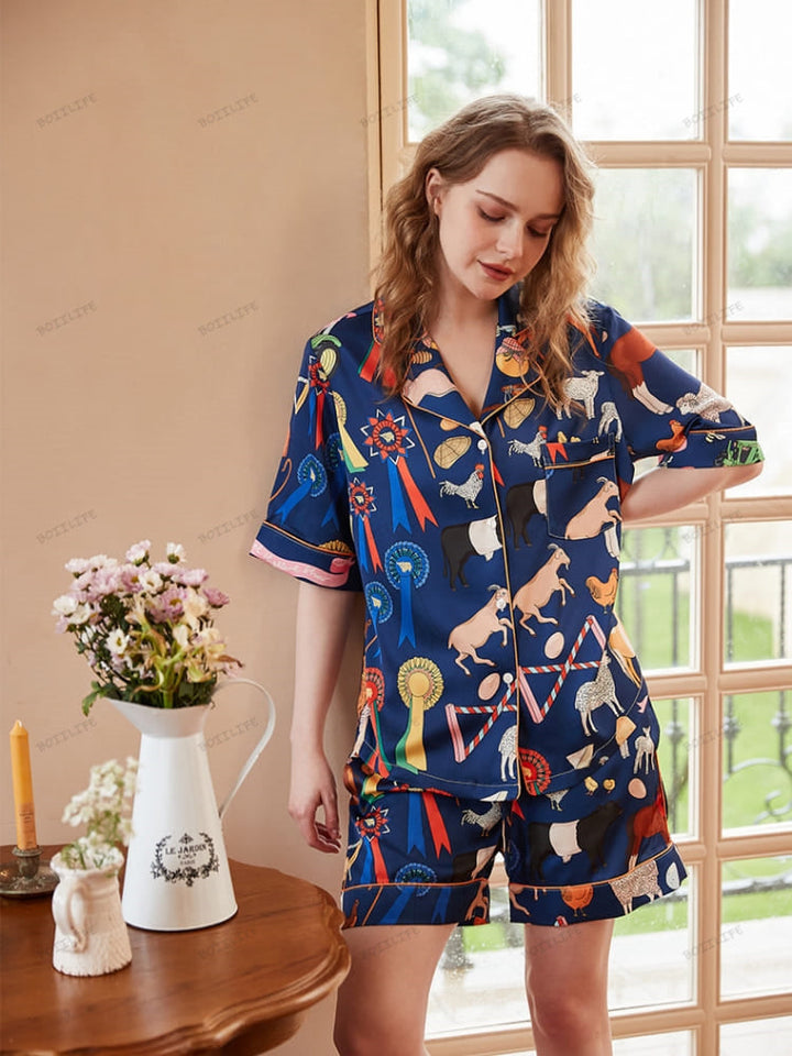 Cute Cartoon Animal Print Short Loungewear Set