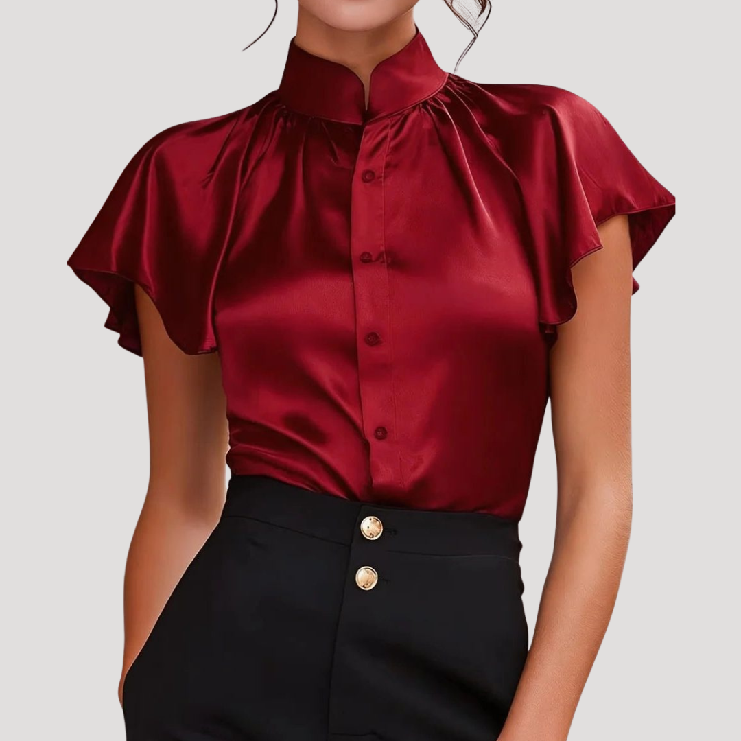 Elegant Satin Blouse for Women with Ruffled Collar and Sleeves