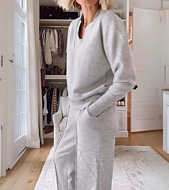 Modern Two-Piece Women's Lounge Set Long Sleeve V-Neck Top and Wide Pants, view 9 - Elena Harper