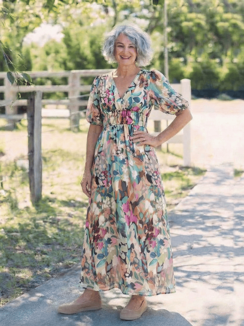 Eulalie™ gathered waist midi dress by Emma & Rose Cape Town, showcasing a flowy fabric and elegant gathered waist design.
