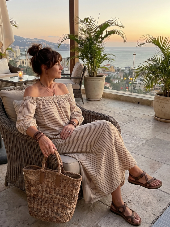 Euphemia Striped Pattern Off Shoulder Maxi Dress - Elena Harper