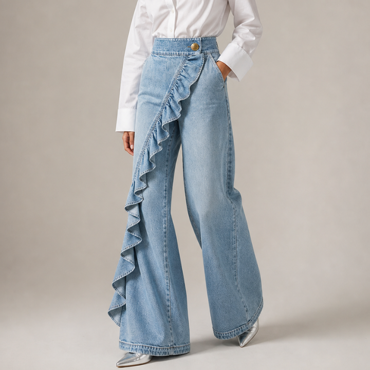 Wide Denim Pants for Women with Asymmetrical Ruffles