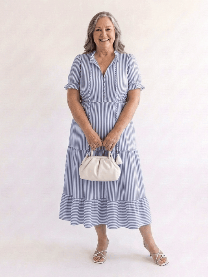 Emma & Rose Cape Town Dakota striped tiered midi dress with flowing fabric and stylish tiered design, perfect for casual or dressy occasions.