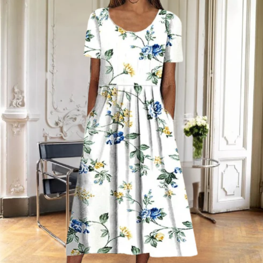 Women's Floral Midi Dress - Short Sleeve Round Neck