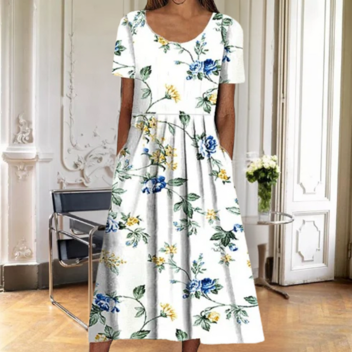Women's Floral Midi Dress - Short Sleeve Round Neck