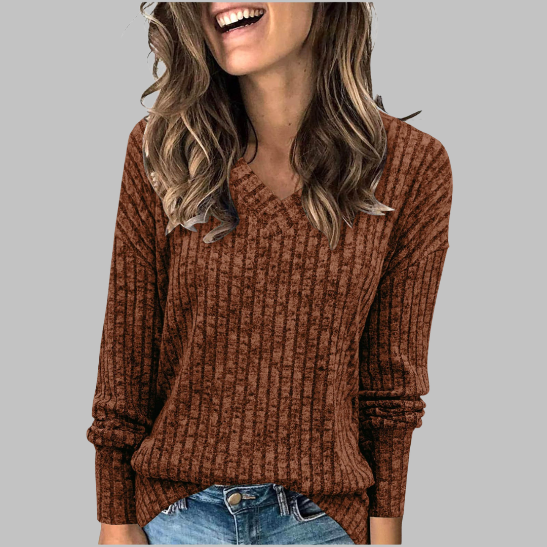 Deri Comfortable Long V-Neck Sweater, view 5 - Elena Harper