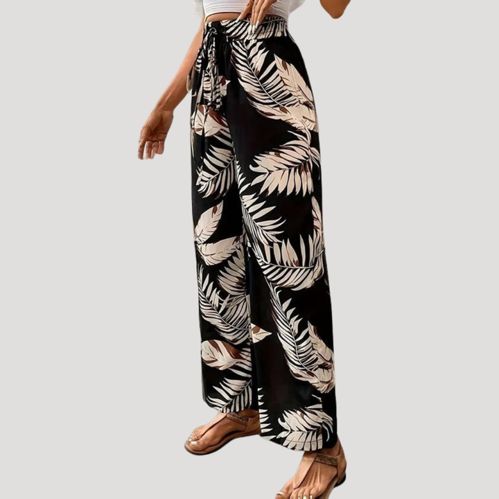 Women's Wide-Leg Tropical Print Pants with Drawstring Waist