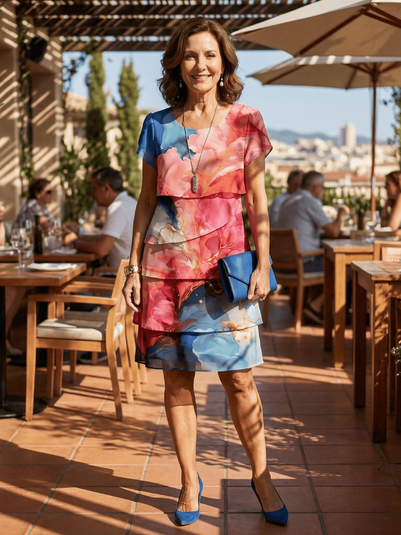 Marble-patterned Mira™ knee-length dress by Emma & Rose Cape Town, featuring a fitted silhouette and elegant design.