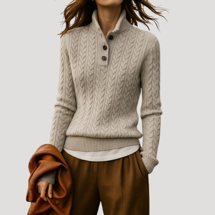 Twisted Knit Women's Sweater with Collar and Button Placket