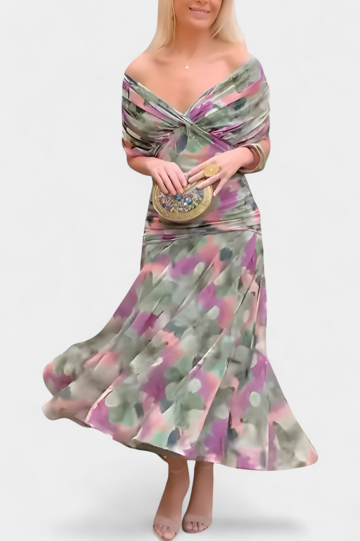 Florendra | Long V-neck Dress with Floral Print