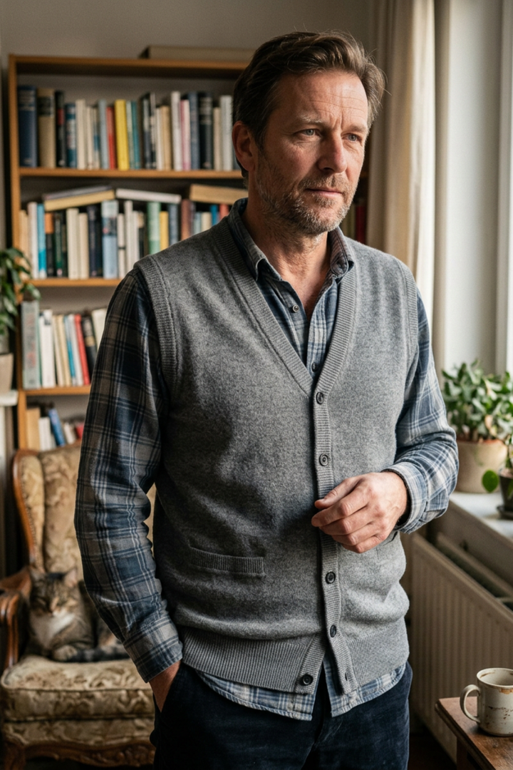 Men's Knitted Vest with V-Neck and Button Placket