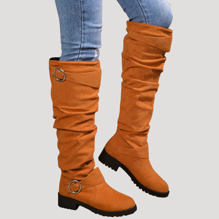 Women's Suede Knee-High Boots with Buckle Detail