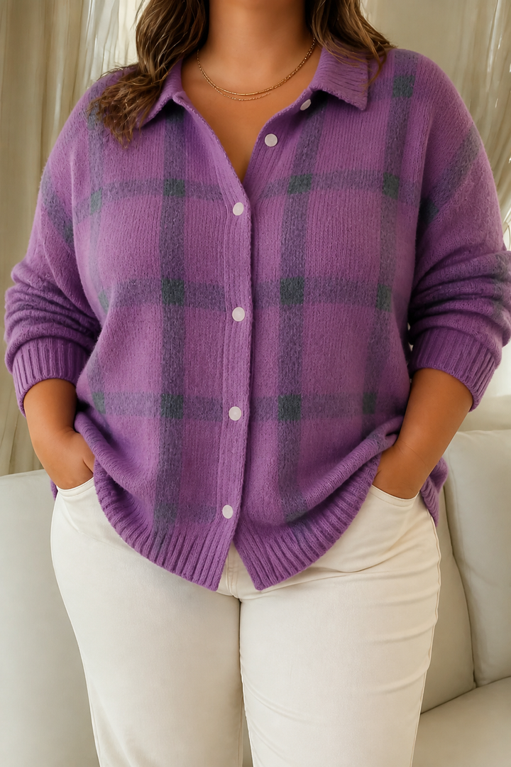 Women's Plaid Button-Up Cardigan with Collar, view 4 - Elena Harper