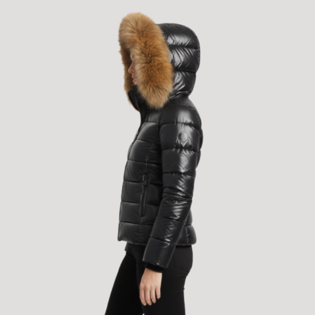 Shiny Women's Hooded Down Jacket with Faux Fur