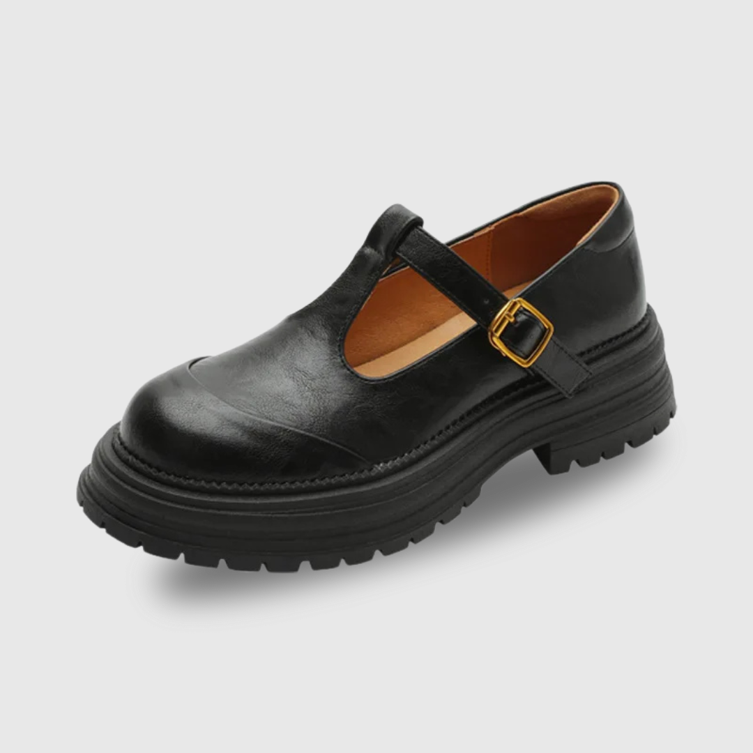 Women's T-Bar Mary Jane Shoes Round Toe Brogue Detail, view 2 - Elena Harper