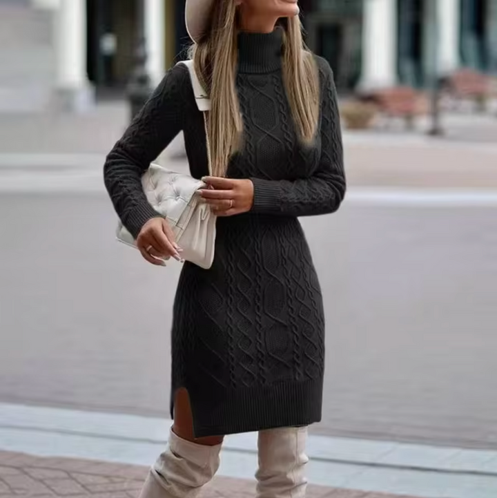Women's Cable-Knit Turtleneck Sweater Dress with Side Slit